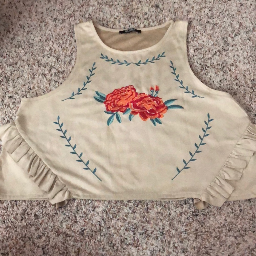Zara Cream Ruffled Crop Tank Top